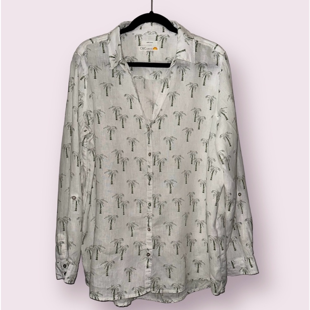 C&C California Linen Palm Tree  Roll Tab Sleeve Button‎ Up Shirt *NO SIZE TAG*